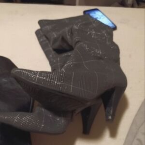 Gray Plaid High Heel Boots